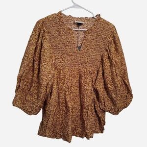 Size L NWT Universal Thread Yellow and brown floral blouse with ruffled sleeves